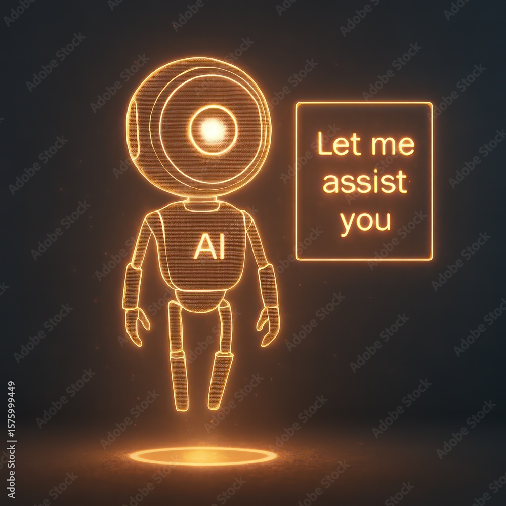 Poster a friendly ai robot offering assistance with a glowing digital display. demonstrating the future of 