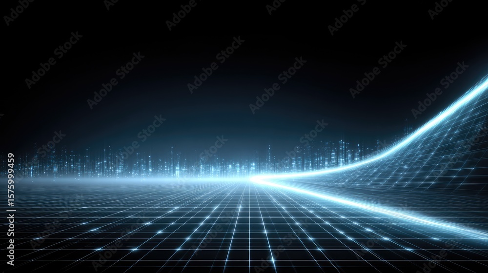 Poster abstract digital landscape with light trails and glowing grids on a dark background representing tec