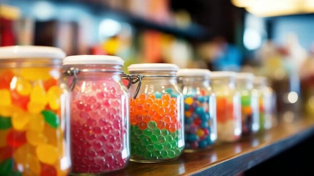 Candy store display showcasing a multicolored array of tempting dragee and jelly candies.