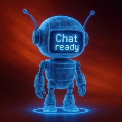 A charming retro robot announces its readiness with "Chat Ready" displayed on its screen, exuding a futuristic yet endearing vibe. This is a perfect representation of innovation, technology.