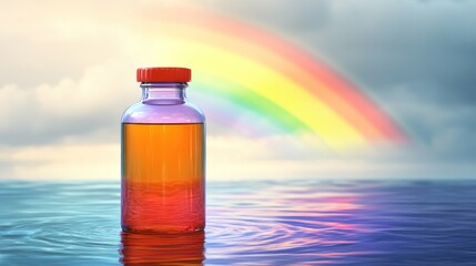 A glass bottle with layered orange and purple liquid floats on calm water, a vibrant rainbow arcing in the background, suggesting hope and optimism