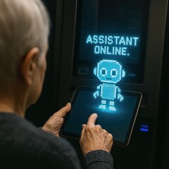 An elderly individual interacts with a digital assistant, highlighting technological advancement and the role of AI. It depicts modern digital communication. customer service