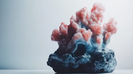 Pink and blue coral specimen on a dark grey rock against a bright background
