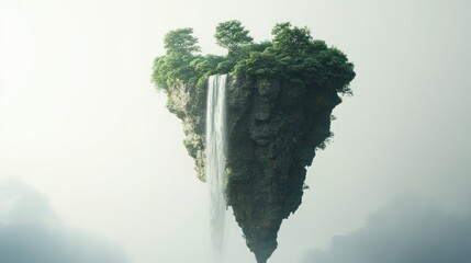 A verdant, floating island with a waterfall cascading from its rocky face, suspended in a misty, ethereal landscape