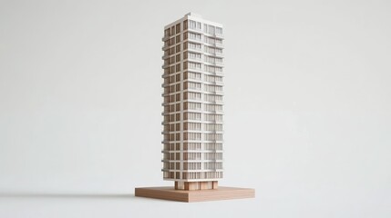 Minimalist architectural model of a tall, slender residential building with light brown and white facade, resting on a small wooden base against a plain background