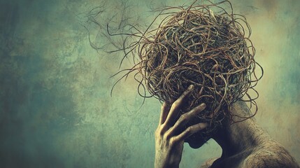 A person with a tangled mass resembling roots or branches in place of a head, clutching their face in apparent distress or contemplation.