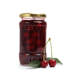 Tasty cherry jam and fresh fruits isolated on white