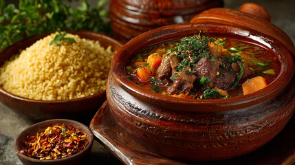 Coto Makassar in clay bowl with buras rice, rich color contrast, side angle