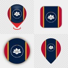 Set of Mississippi State Flag Icons and Map Pins.