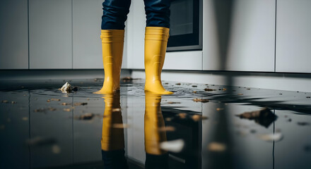 Dealing with Kitchen Water Damage: Person in Yellow Boots in Flood