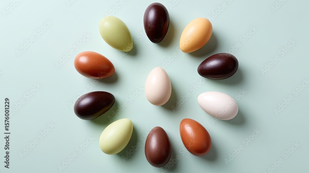 Poster colorful chocolate eggs arranged in a circle on light blue background for easter or celebration trea