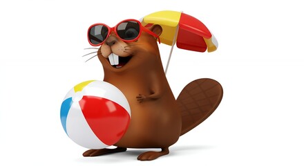 Cartoon beaver with beach accessories