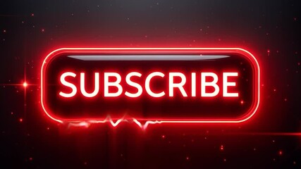 A red SUBSCRIBE button on a dark background, with red light effects and sparkles