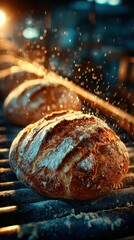 Freshly baked bread cooling on a rack in a warm, rustic bakery during the morning hours