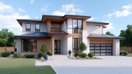 Fototapeta premium Modern architectural design of a two-story contemporary house with natural elements and spacious front yard