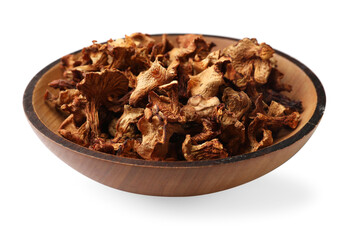 Dried chanterelle mushrooms in bowl isolated on white