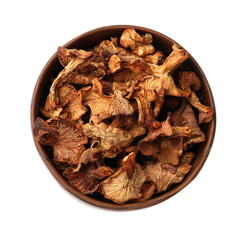 Dried chanterelle mushrooms in bowl isolated on white, top view