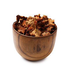 Dried chanterelle mushrooms in bowl isolated on white