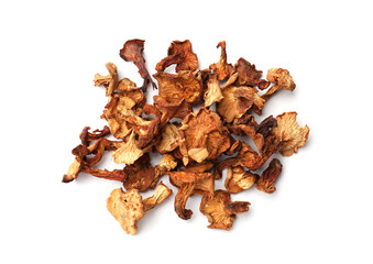 Many dried chanterelle mushrooms isolated on white, top view