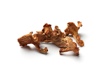 Many dried chanterelle mushrooms isolated on white