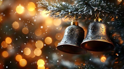 Golden bells beautifully decorate a frosted pine branch against a background of festive warm bokeh lights
