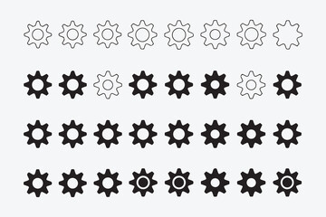 Black and white gear icons arranged in rows for interface design and engineering concepts