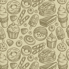 Sweets cakes, dessert seamless pattern, donuts, muffins, pancakes, cookies. The background is suitable for printing on fabric and paper for confectionery, culinary and children's designs.

