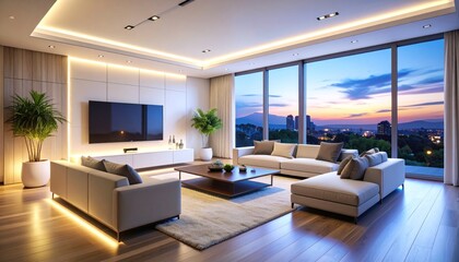 Luxurious Modern Living Room with City View at Sunset, Elegant Interior Design.