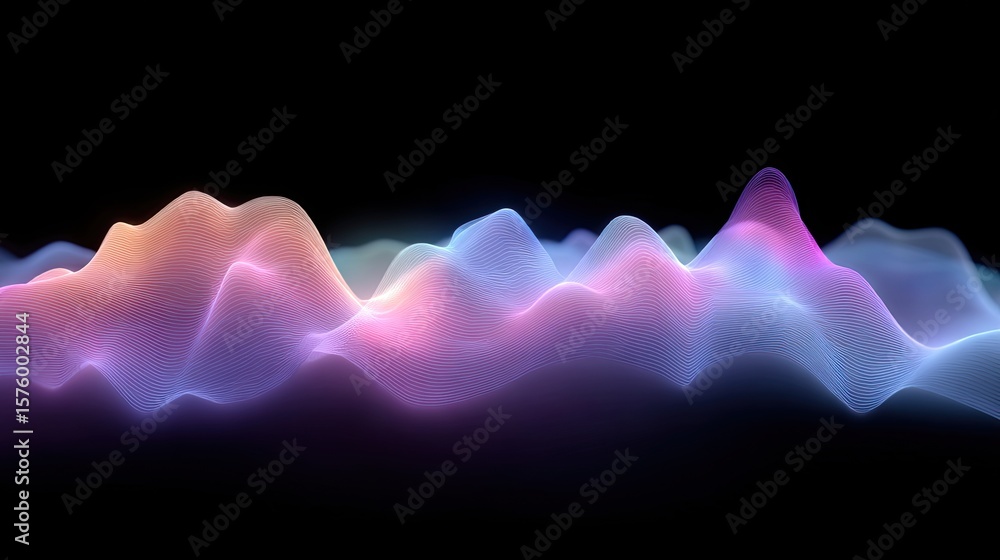 Poster abstract digital waveform in vibrant colors against a black background for visualizing sound amplitu