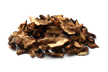 Pieces of dried mushrooms isolated on white