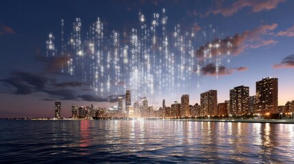 Obraz premium Cityscape at Dusk with Digital Binary Rain Over Water, Future Technology Concept and Urban Scene