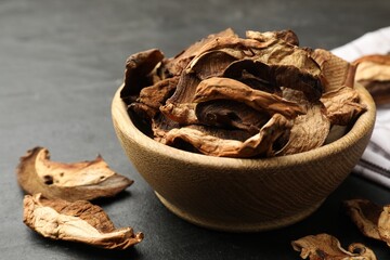 Dried chanterelle mushrooms on wooden table, closeup