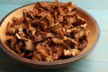 Dried chanterelle mushrooms on wooden table, closeup