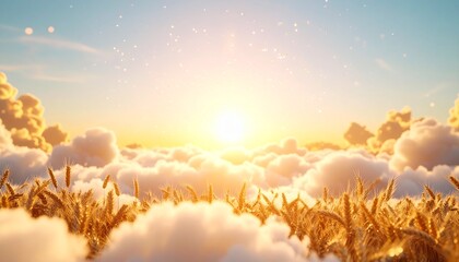 Golden Wheat Field in Clouds Dreamy Landscape with Sunlight and Sky, a Scene of Bountiful Harvest and Peace
