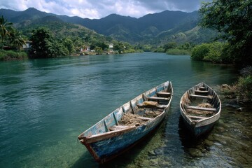 Jamaica Culture: Fishermen Boats on White River in St. Ann, with Stunning Landscape Views