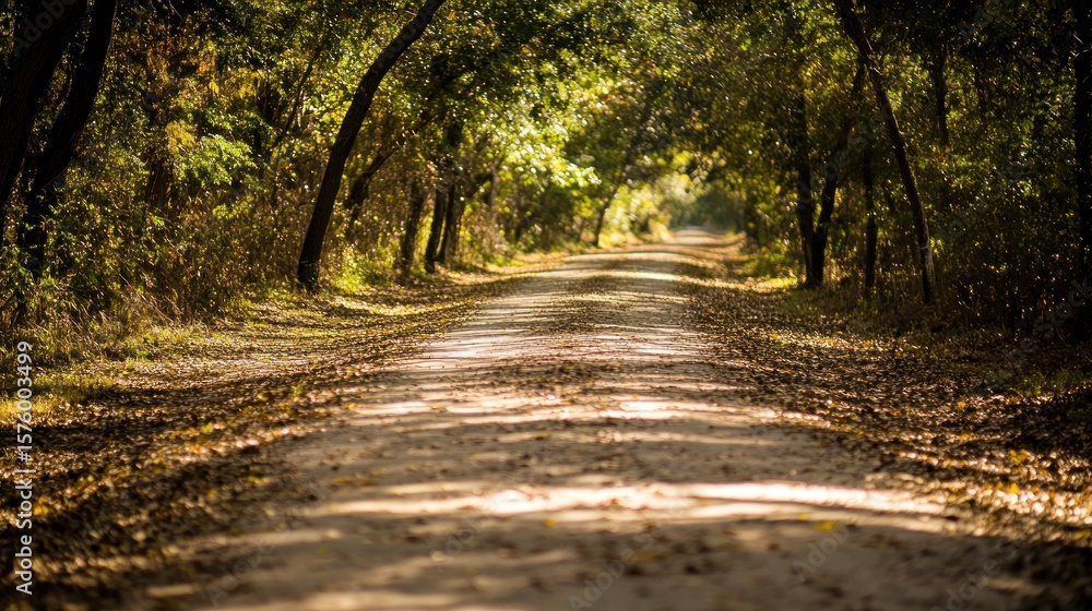 Poster sunlight filters down a forest path.