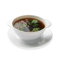 Tasty soup with mushrooms and parsley in bowl isolated on white