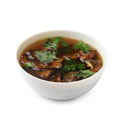Tasty soup with mushrooms and parsley in bowl isolated on white