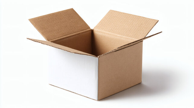 An open cardboard box sits isolated on a white background, ready for shipping or storage.