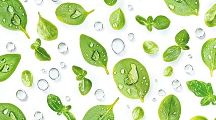 Fresh green leaves and water droplets on white background