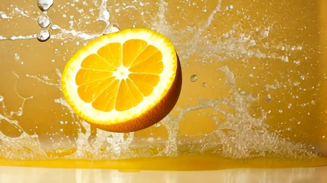 Orange slice in mid-air, water splash