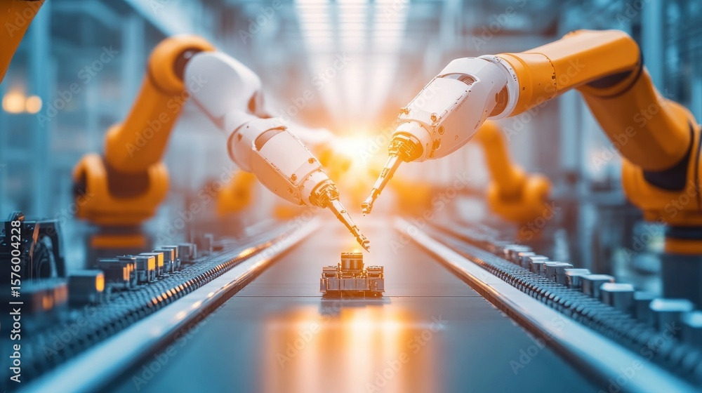 Poster automated assembly line with robotic arms.