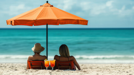 Two people relaxing under an orange beach umbrella with tropical cocktails facing the ocean