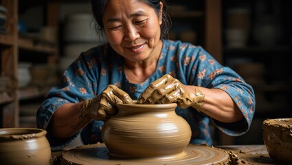 Masterful Craftsmanship: A Skilled Artisan Shapes Clay into a Beautiful Pottery Piece with Care and Precision in a Rustic Workshop