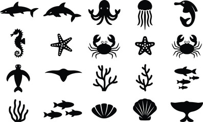 Fototapeta premium Black Silhouette Sea Creatures and Marine Life Icons on White Background