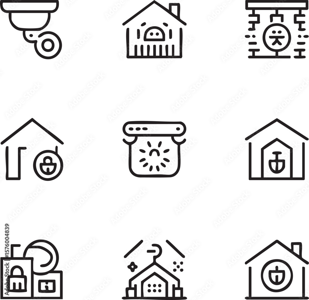 Poster a set of 9 minimalist line art icons depicting security and home related symbols icon set security c