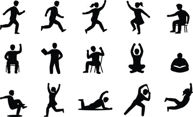 Naklejka premium Black Silhouettes of People in Various Activities and Poses on White Background