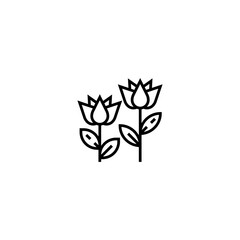 This minimal black-and-white line icon features two stylized flowers with pointed petals and leaves on each stem. The design is clean and symbolic, often used to represent nature, botany, gardens, spa