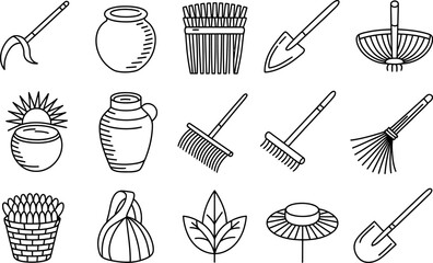 Black and White Garden Tools and Objects Illustration