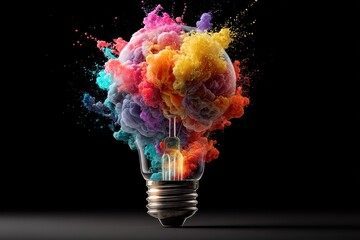 Lightbulb Exploding. Creative Mind Illustration with Brain and Colorful Explosion